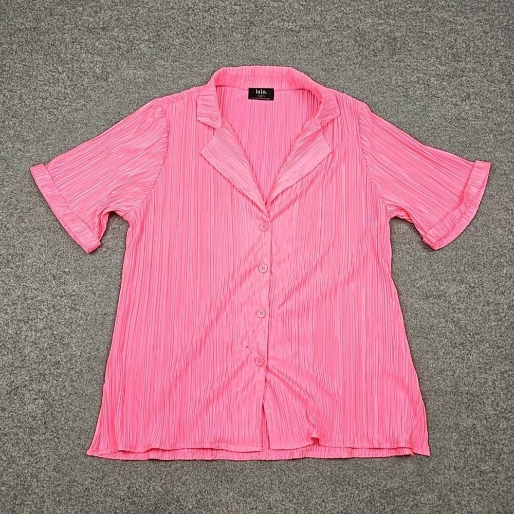 Lala Shirt Womens Small Pink Collared Short Sleeve Pleated Button Up Top